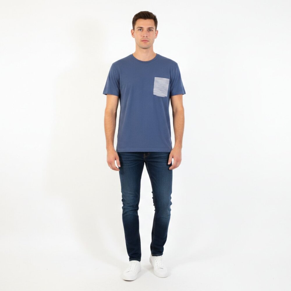 *J Crew Slate Blue Stripped Pocket Slim T Shirt